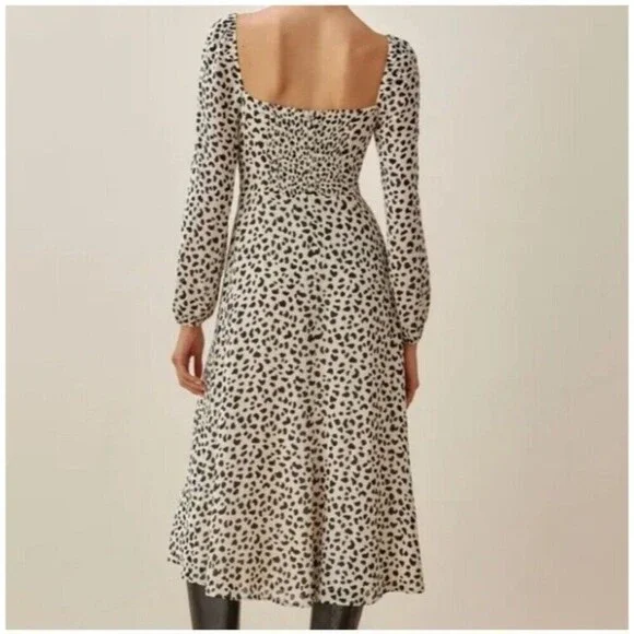 Reformation Shelby Dress Ocelot White Black Polka Dot Midi Slit Bustier Size 0